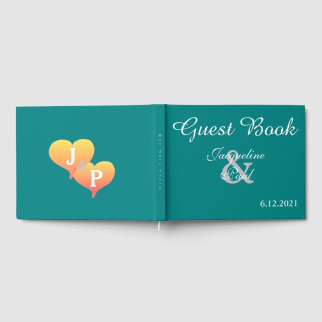 Sunset Hearts Aquamarines grünes Hochzeitbuch Gästebuch (Voll)