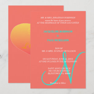 Sunset Hearts Monogram Coral Turquoise Einladung
