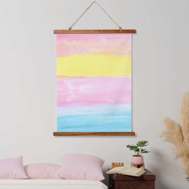 Sunset Horizon Wasserfarbe Abstrakt Wandteppich Mit Holzrahmen (Schlafzimmer)