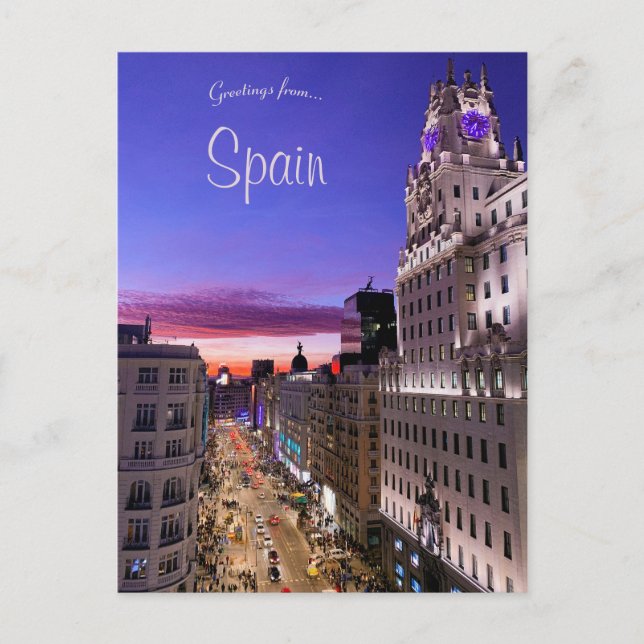 Sunset in Gran Vía Madrid Spanien Postkarte (Vorderseite)