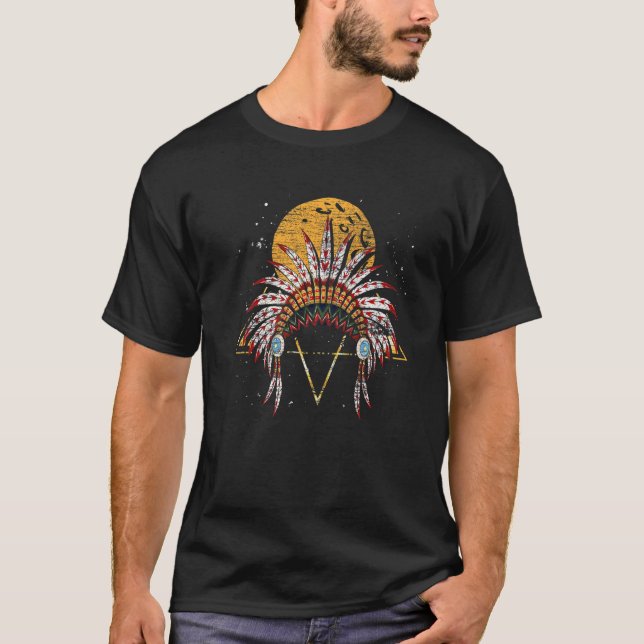 Sunset Indian Feathers Headdress Native American T-Shirt (Vorderseite)