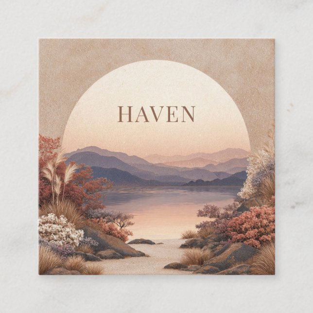 Sunset Lake Landscape Peach Semicircle Geometric Quadratische Visitenkarte (Vorderseite)