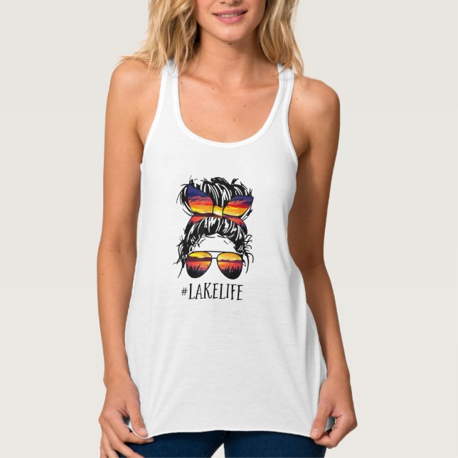 Sunset #Lake Life Messy Bun Tank Top  (Vorderseite)