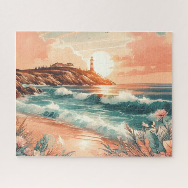 Sunset Lighthouse Ocean Beach Boho Floral (Horizontal)