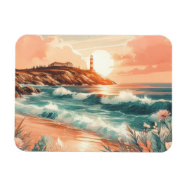 Sunset Lighthouse Ocean Beach Boho Floral Magnet