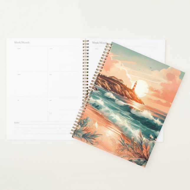 Sunset Lighthouse Ocean Beach Boho Floral Planer (Anzeige)