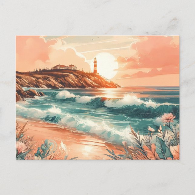 Sunset Lighthouse Ocean Beach Boho Floral Postkarte (Vorderseite)