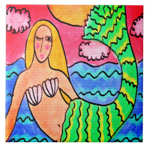 Sunset Mermaid Abstrakte digitale Malerei Fliese