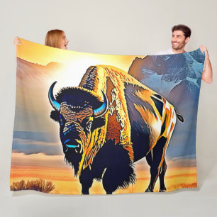 Sunset Mountain Bison Art Design Fleecedecke
