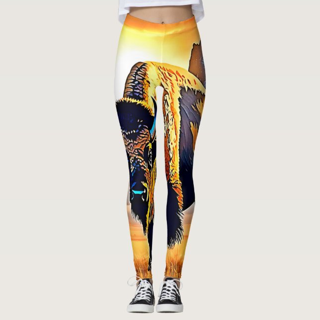 Sunset Mountain Bison Art Design Leggings (Vorderseite)