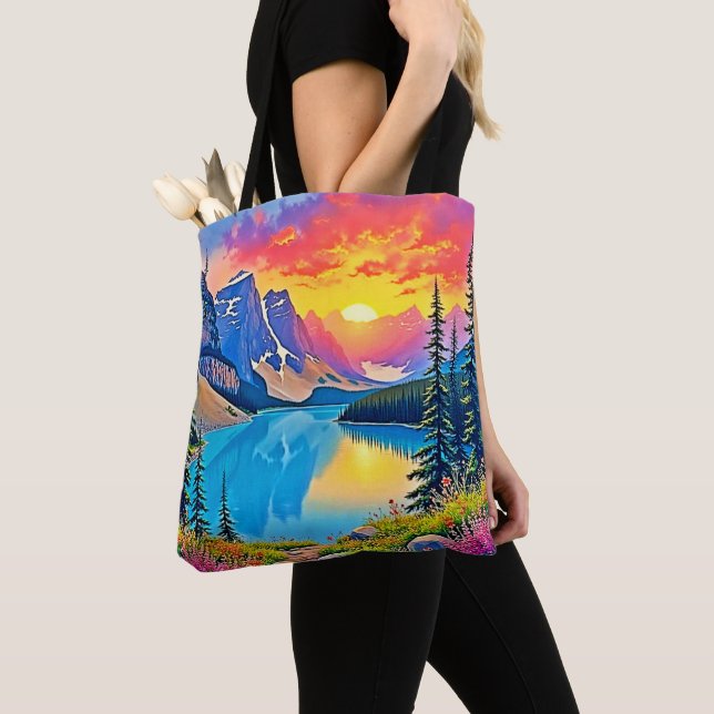 Sunset Mountain Lake Majestät Kunst Tasche (Von Nahem)