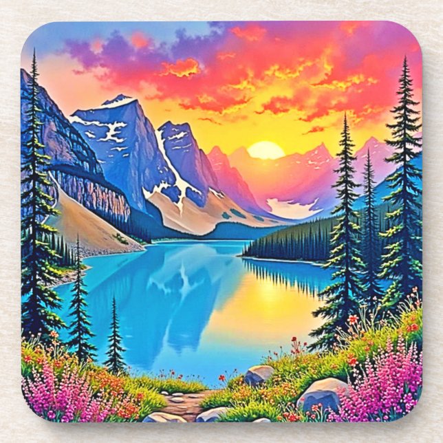 Sunset Mountain Lake Majesty Art Getränkeuntersetzer (Vorderseite)