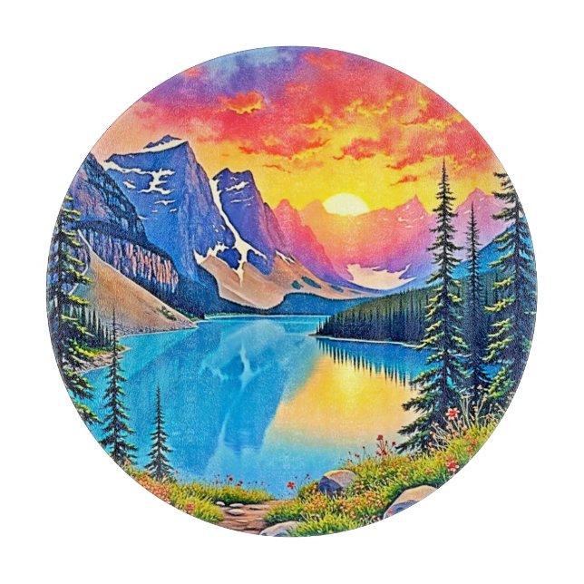 Sunset Mountain Lake Majesty Art Schneidebrett (Vorderseite)