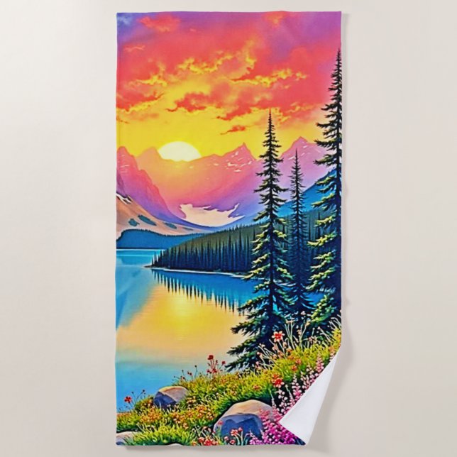 Sunset Mountain Lake Majesty Art Strandtuch (Vorderseite)