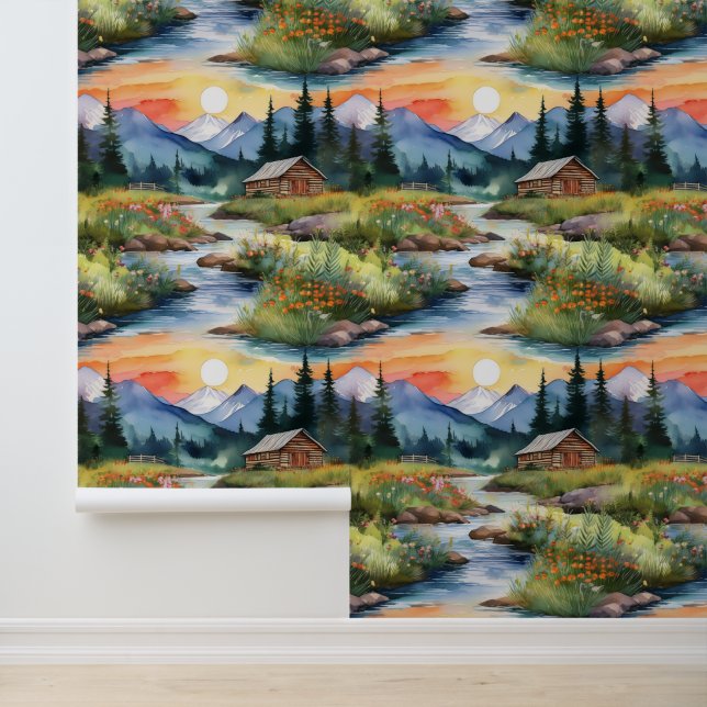 Sunset Mountains Forest Woodland Pine Treek Tapete (Anwendung)