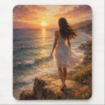 Sunset Ocean Aesthetic Mouse Pad Mousepad<br><div class="desc">Upgrade your workspace with this beautiful Sunset Ocean Aesthetic Mouse Pad, featuring a stunning fine art oil painting of a peaceful seaside sunset. The design captures a dreamy moment of a girl standing by the ocean, surrounded by warm golden light, soft waves, and a calming natural atmosphere. Created in a...</div>