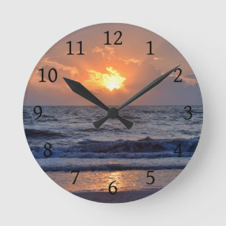 Sunset Ocean Beach Orange Runde Wanduhr