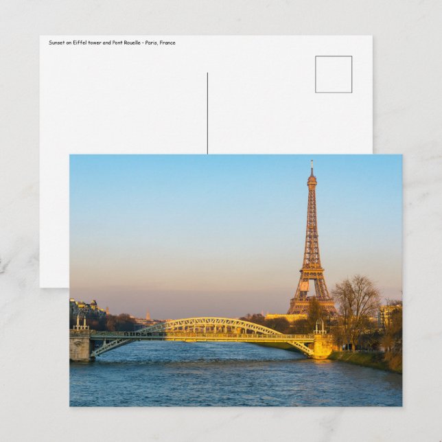Sunset on Eiffel Tower and Pont Rouelle - Paris Postkarte (Vorne/Hinten)