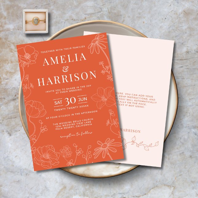 Sunset Orange Elegante Wedding Einladung (Sunset Orange Elegant Wedding Invitation with Delicate Flowers, Modern Typography, Spring, Summer.)
