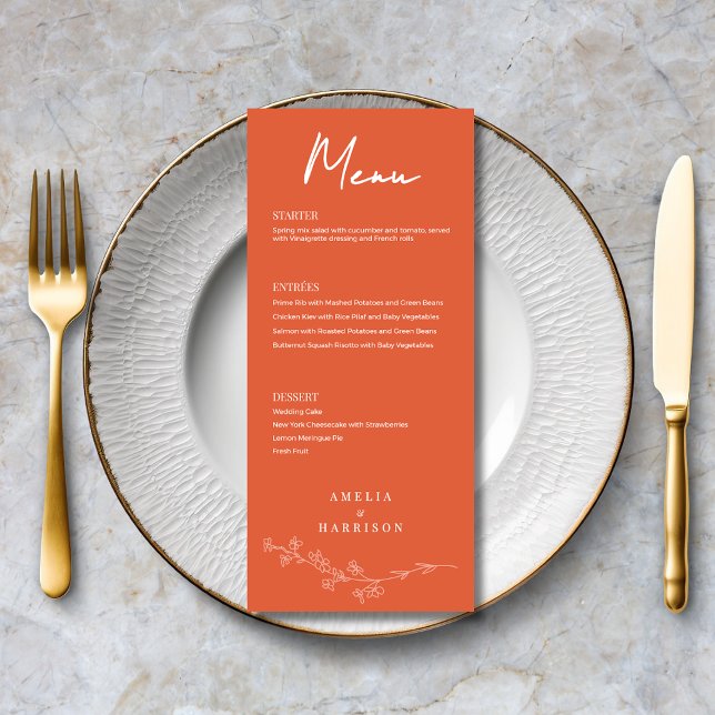 Sunset Orange Formal Elegante Hochzeit Menükarte (Sunset Orange Formal Elegant Wedding Menu with Floral Line Art, Menu Options, Optional Text on Back.)