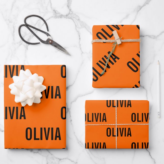Sunset Orange Modern Name | Trendy Minimalistisch Geschenkpapier Set (Vorderseite)