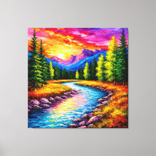 Sunset Over Mountain River Valley Leinwanddruck