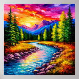 Sunset Over Mountain River Valley Poster