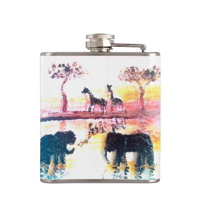 Sunset Painting African Elephant, Giraffe Flachmann (Rückseite)