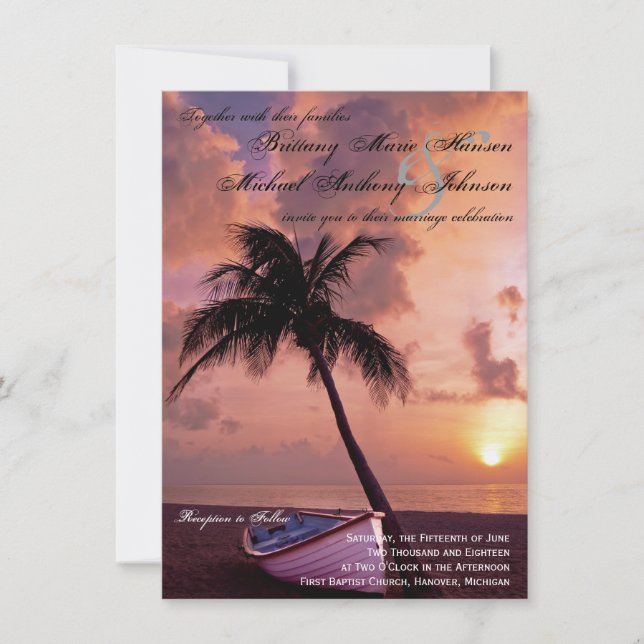 Sunset Palm Tree Beach & Boat Hochzeit Einladungen (Vorderseite)
