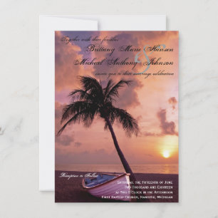 Sunset Palm Tree Beach & Boat Hochzeit Einladungen