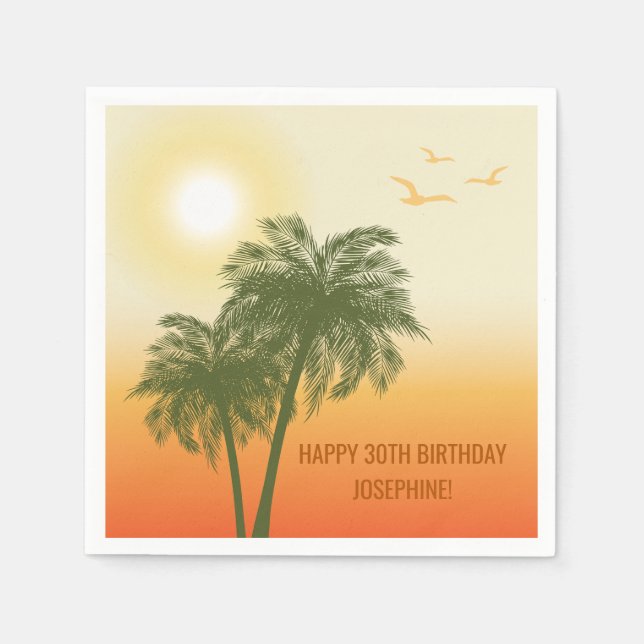 Sunset Palm Trees And Birds Tropical Birthday Serviette (Vorderseite)