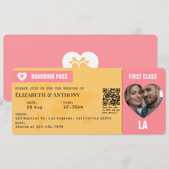 Sunset Pink & Goldenrod Boarding Pass Wedding Einladung (Vorne/Hinten)