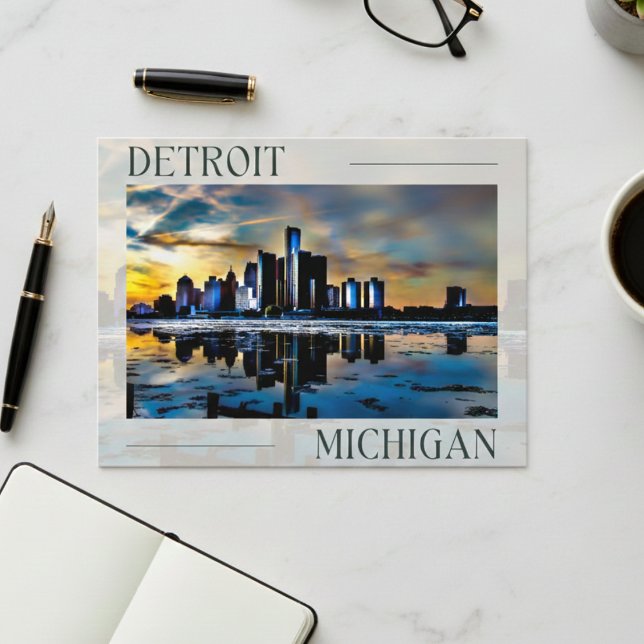 Sunset Reflections: Detroit Skyline Postcard Postkarte (Sunset Reflections: Detroit Skyline Postcard)