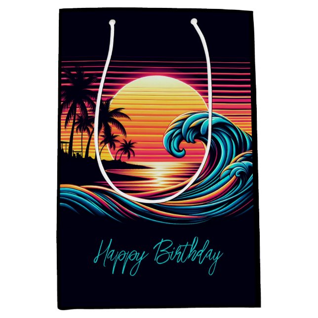 Sunset Retro Surf Wave Mittlere Geschenktüte (Vorderseite)