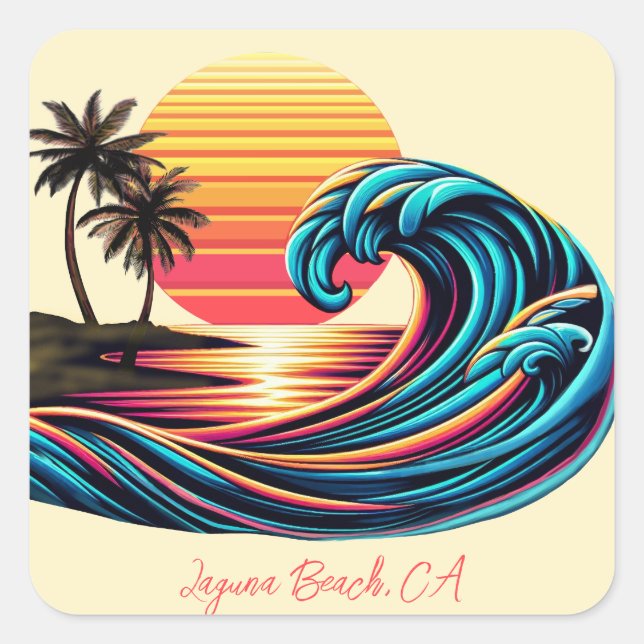 Sunset Retro Surf Wave Quadratischer Aufkleber (Vorderseite)