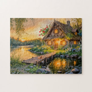 Sunset River Cottage with Dog on Bridge and Flower