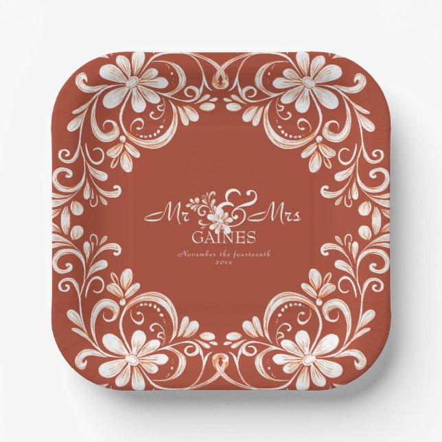 Sunset Rust Shabby Chic Mr & Mrs Wedding Plate Pappteller (Vorderseite)