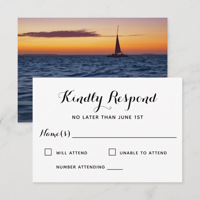 Sunset Sail Modern Nautical Wedding RSVP Karte (Vorne/Hinten)