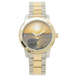 Sunset Sailboat Shipwreck Golf Breeze Gold Watch Armbanduhr