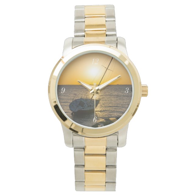 Sunset Sailboat Shipwreck Golf Breeze Gold Watch Armbanduhr (Vorderseite)