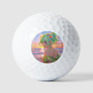 Sunset Seaside Anime Girl mit Mint Hair Buns Golfball