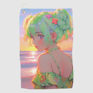 Sunset Seaside Anime Girl mit Mint Hair Buns Golfhandtuch
