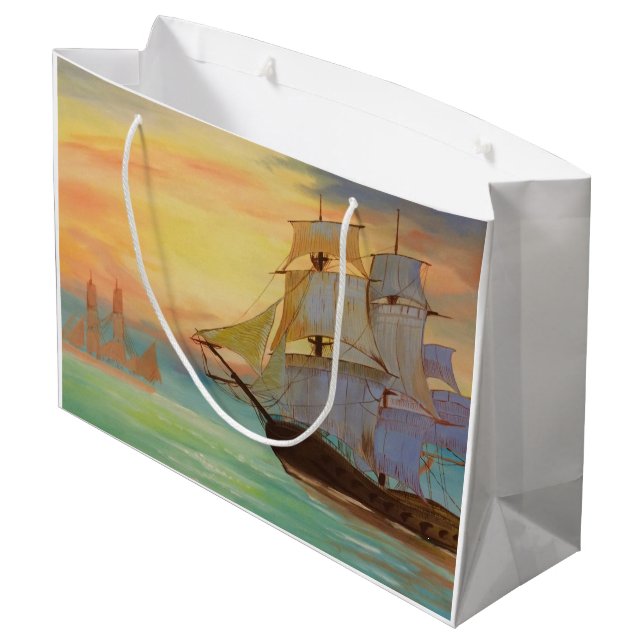 Sunset Segelschiff Nautical Theme Geschenktasche Große Geschenktüte (Rückseite Schrägansicht)