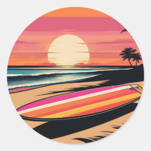Sunset Serenity Retro Surfboard Vibes Runder Aufkleber
