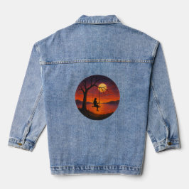 Sunset Silhouette Girl on Swing Landscape Art Jeansjacke