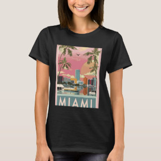 Sunset Sky Over Miami Skyline & Palm-Lined Bay Tra T-Shirt