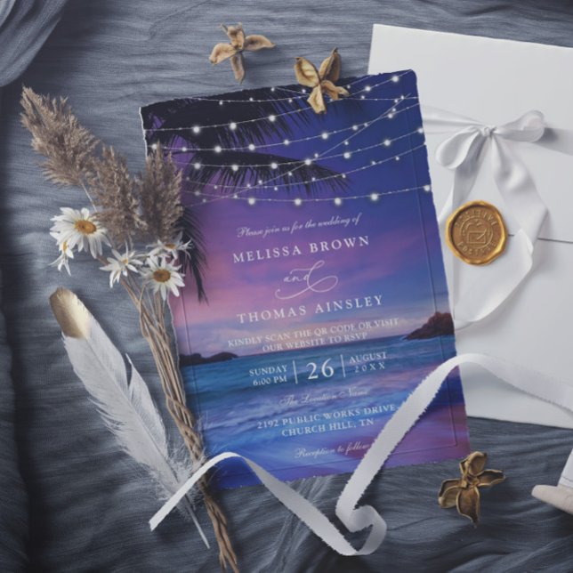 Sunset String Light Tropical Beach QR Code Wedding Einladung (Von Creator hochgeladen)