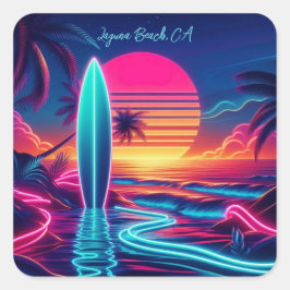 Sunset Surfboard Neon Lights- Quadratischer Aufkleber