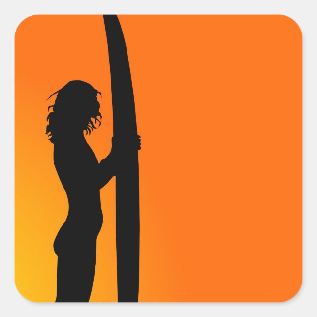 Sunset Surfer Girl mit Surfbrett Quadratischer Aufkleber (Vorderseite)