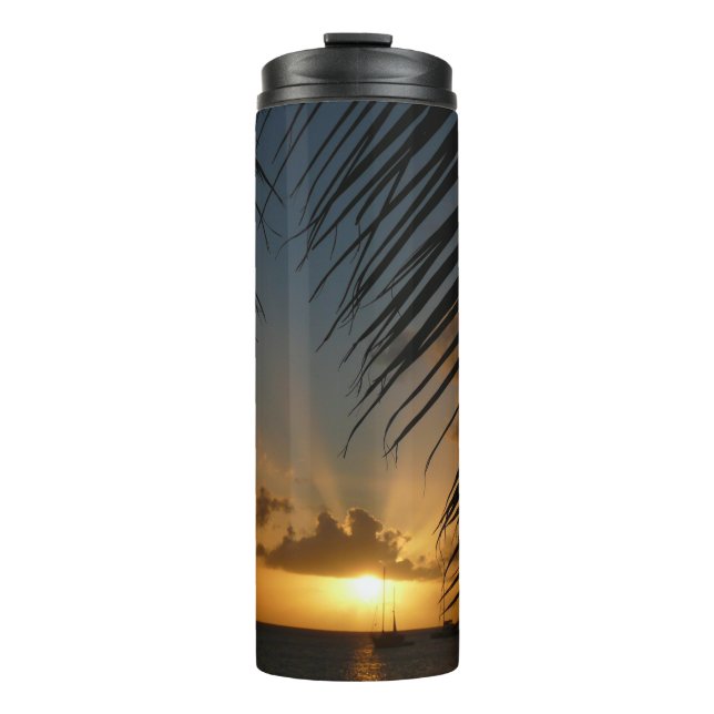 Sunset Through Palm Fronds Tropical Seascape Thermosbecher (Vorderseite)